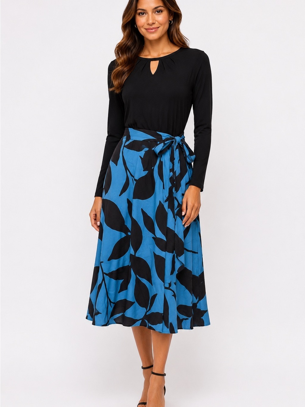 Blue Leaf-Print Midi Skirt with Self-Tie Waist